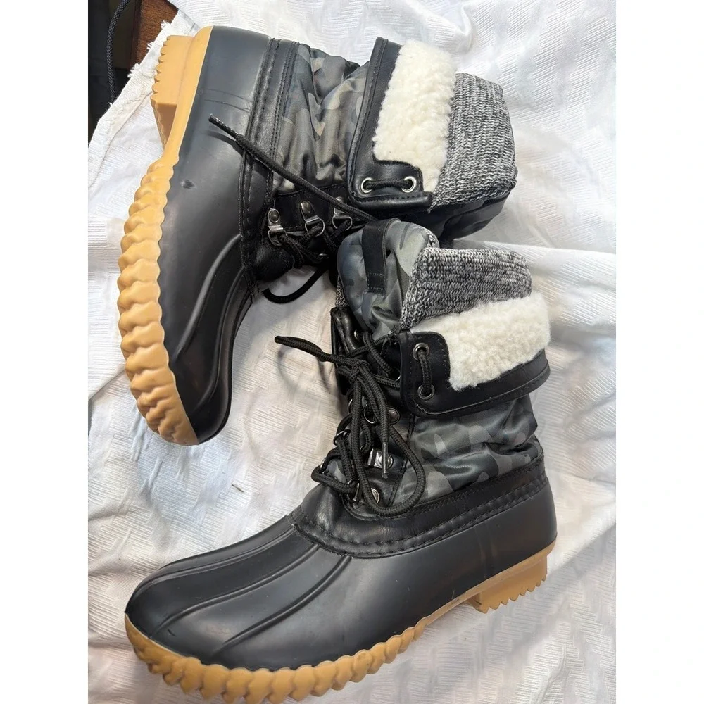 Henry Ferrera Women's Duck Boots Faux Shearling Insulated Black Camo Size 8